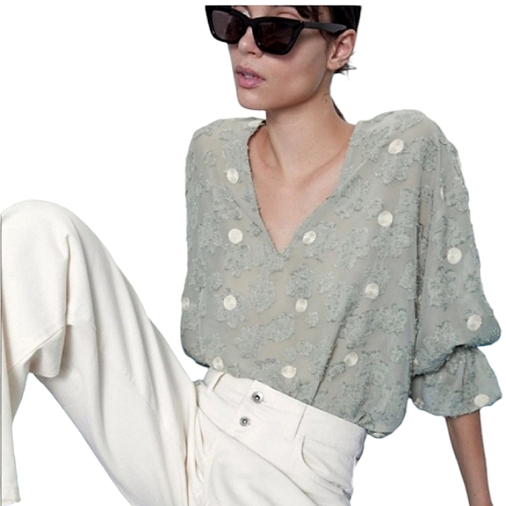 Zara Polka-dot Textured V-neck Sage Green Top Size Small